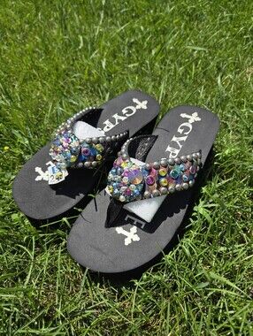 Gypsy Soule Rhinestone Embellished Platform Wedge Flip Flop Sandals Size 9